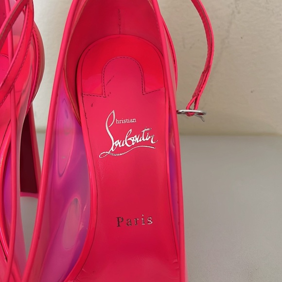 Christian Louboutin hot pink iridescent pump with neon yellow studs. - Picture 7 of 13